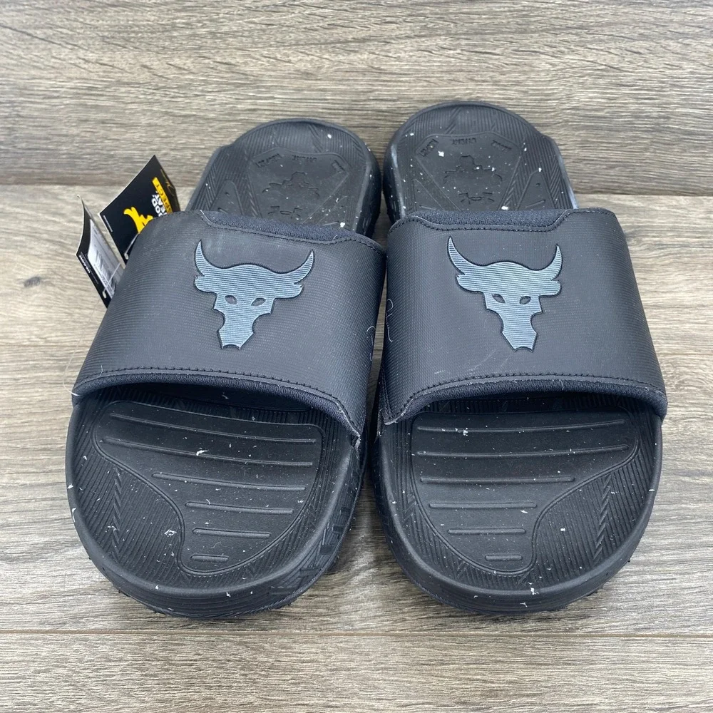 Under Armour Project Rock Slides Mens Size 14 Black Brahma Bull 3026034-001